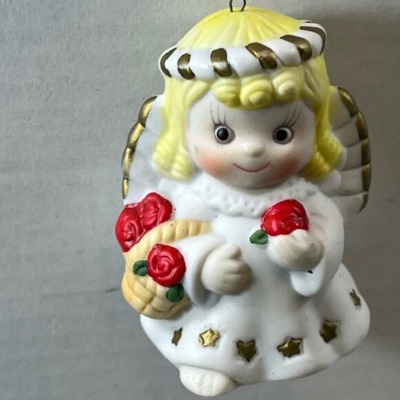 VTG 80's Angel Christmas Bell Tree Ornament Ceramic with Red Roses 2"x3" - Picture 5 of 13